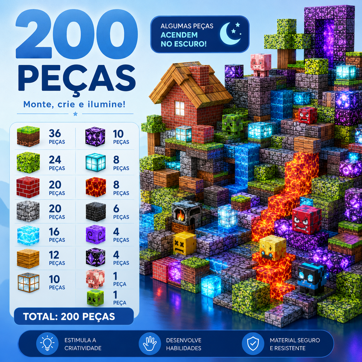 BlocoCraft | Blocos Magnéticos com Luzes - Creative Brinquedos