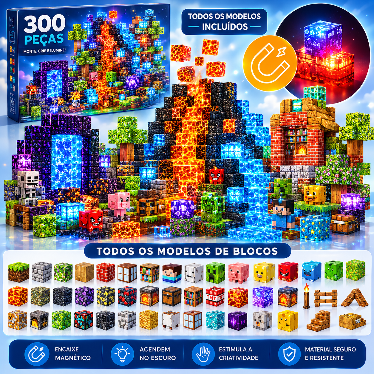 BlocoCraft | Blocos Magnéticos com Luzes - Creative Brinquedos