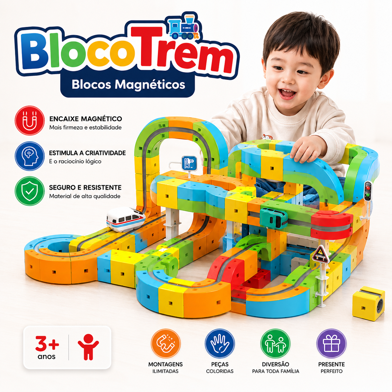 BlocoTrain™ | Blocos Magnéticos com Trem Elétrico - Creative Brinquedos