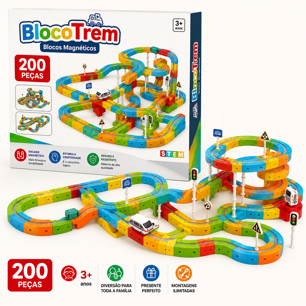 BlocoTrain™ | Blocos Magnéticos com Trem Elétrico - Creative Brinquedos